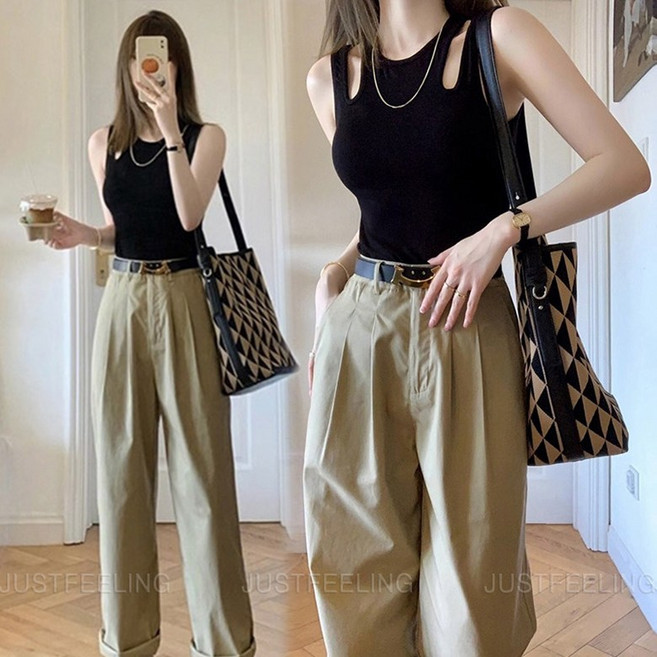 끈 나시티 슬림 펀칭 홀터 이너티 캐주얼 데일리 기본티 여성용 여름 런닝 여성티 JUSTFEELING