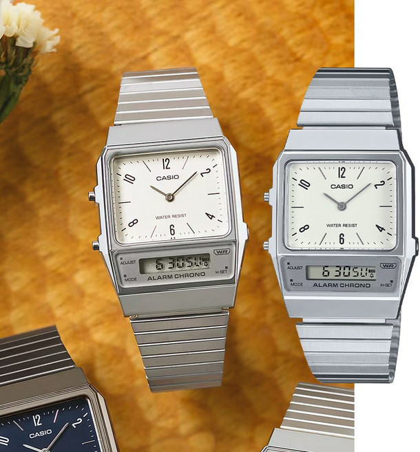 백화점AS가능 카시오 복고풍 빈티지 사각 스퀘어 듀얼 메탈시계 AQ-800 시리즈