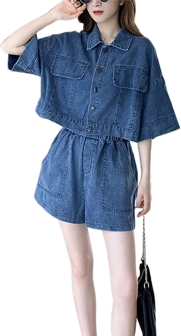 셀럽당 여름 세트 여 패션 얇은 데님 반바지 투피스