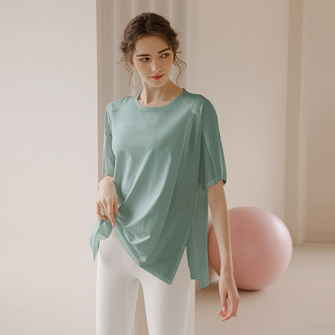 요가복상의 반팔티 트임티 필라테스상의 요가상의 필라테트레이닝 상의 빅사이즈 요가복 여름 루즈 블라우스 트레이닝 상의 경박 통기 반팔 티셔츠 러닝 헬스복 자외선 차단