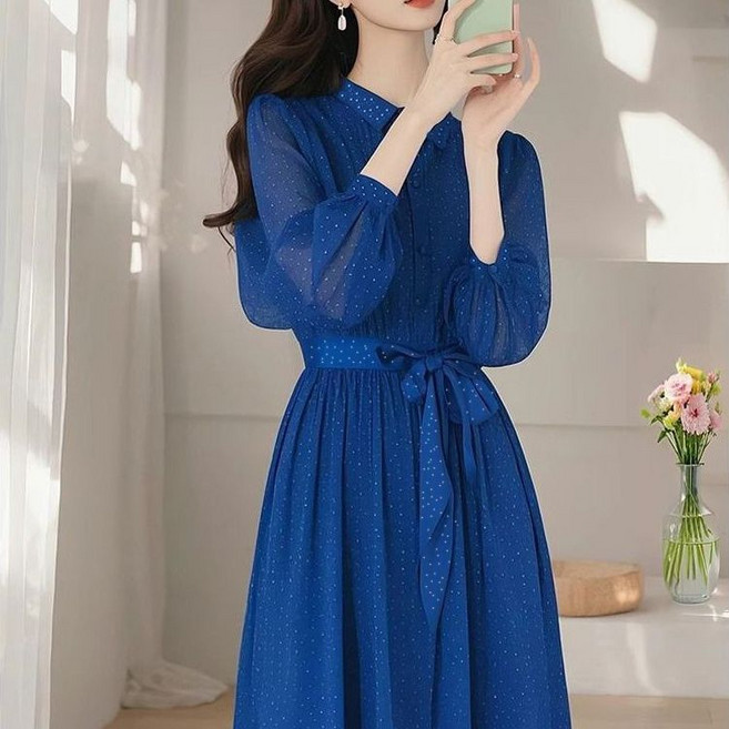 페이준 여성 봄 가을 도트 원피스 리본 끈 슬림 긴팔 원피스 LN1179