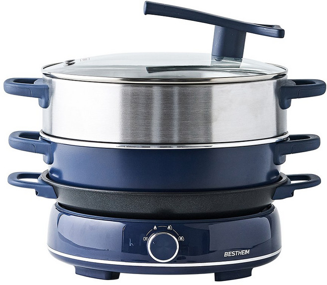 베스트하임 대용량 전기 멀티쿠커 4in1 찜기 전골팬 구이팬 핫플레이트 6L, 네이비