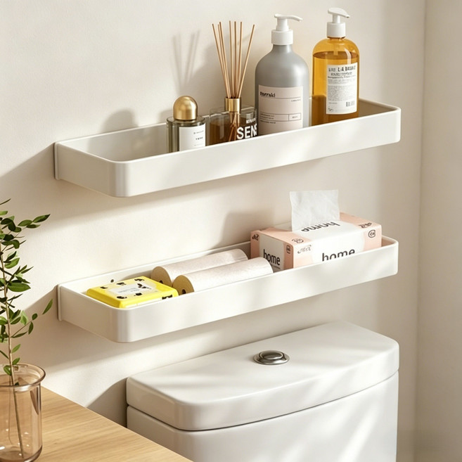 무타공 욕실 선반 화장실 정리대 접착식 벽선반 주방 수납 거치대, 화이트, 1개