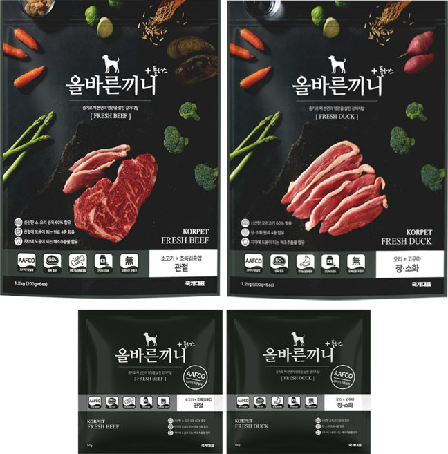 올바른끼니 플러스 2종 세트-관절건강(소고기 초록입홍합) + 장건강(오리고구마) _ 60%생육 스팀공법 영양식 강아지 사료, 1개