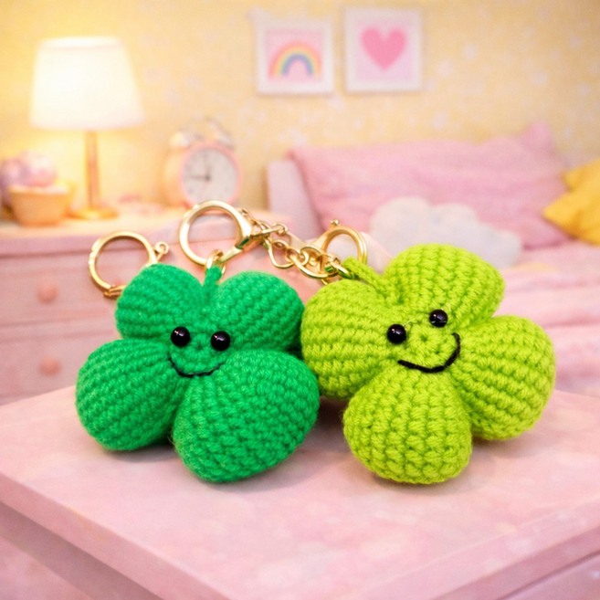 네잎클로버 뜨개 키링 손뜨개 니트 클로버 네잎크로버 가꾸 백꾸 백참, 연두