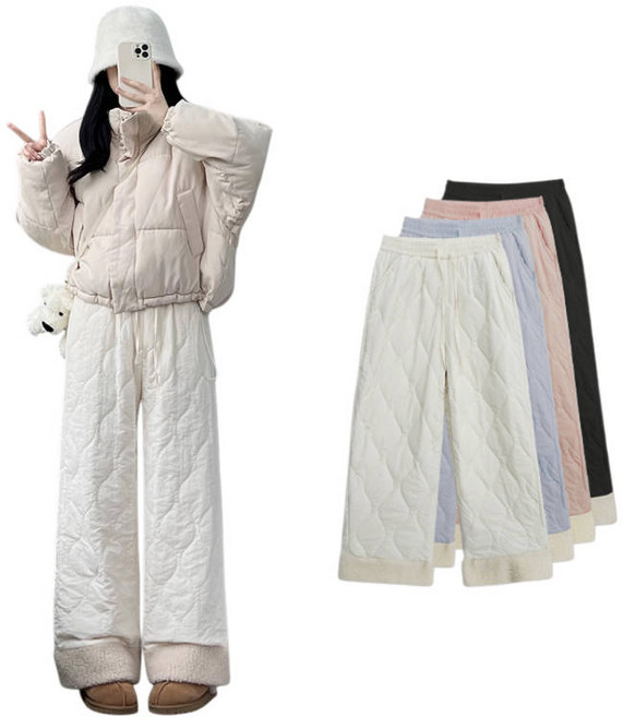 무니유유 여성 겨울 캐주얼 따뜻한 기모 양털 누빔 패딩 방한 보온 스트링 밴딩 와이드핏 팬츠