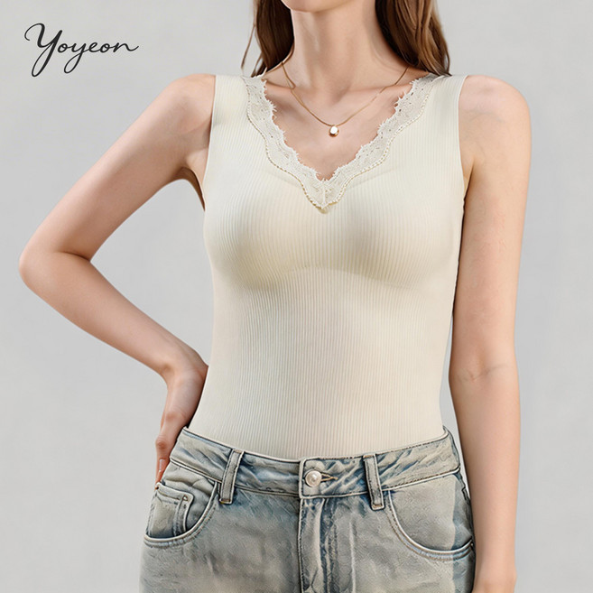 여성용 겨울 컵내장 일체형 기모나시 브라탑 레이스 포인트 슬림핏 심리스 브라런닝 히트텍 발열내의