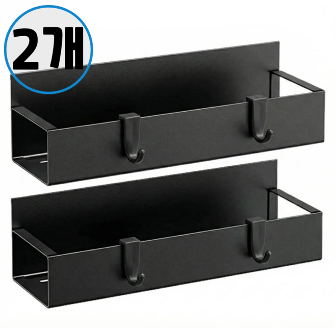 라온 초간단 무타공 공간활용 냉장고옆 후크포함 강력자석 선반, 2개, 블랙