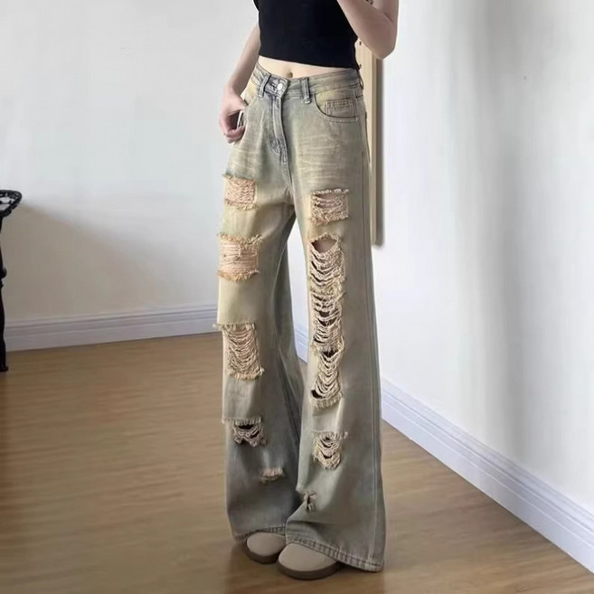 쁘띠꼬모 여성 청바지 와이드핏 하이웨스트 루즈핏 디스트로이드 팬츠 WKX41310