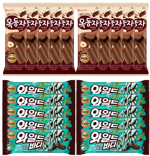 막대 아이스크림 옥동자 헤이즐넛초코 x10개+와일드바디 민트초코 x10개, 20개, 75ml