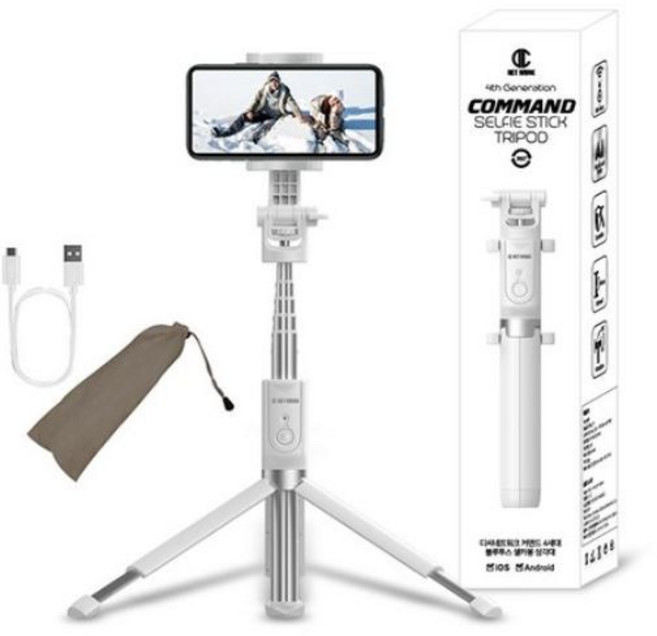 블루투스 스마트폰 셀카봉 삼각대 액션캠 고프로 카메라 거치 충전식 리모컨 포함 알루미늄바디, 1개, 화이트, 커멘드 4세대 셀카봉