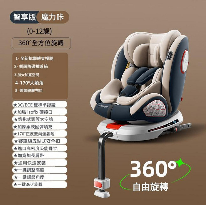 嬰兒安全座椅, 智享版咖 抗翻轉支撐腿 360度旋轉 鋼架 90度懸停 170度躺角 加大加寬, 1個