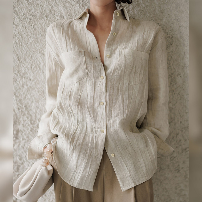 【鬆弛感通勤】亞麻襯衫 女襯衫 長袖襯衫 通勤襯衫 春季襯衫 水波肌理 老錢風 炒色壓皺工藝 純亞麻面料 透氣百搭