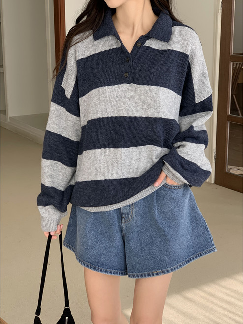 리프 단가라 스트라이프 카라넥 오버핏 니트 3color