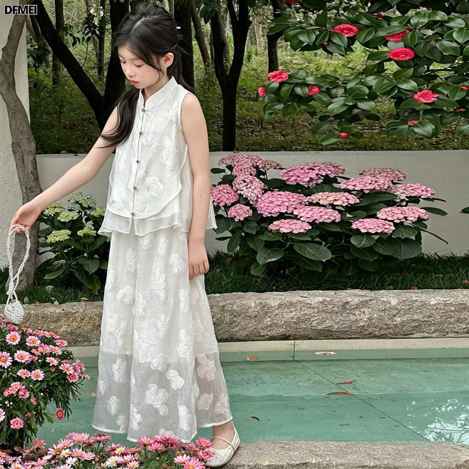 DFMEI 女童新中式提花套裝夏裝無袖立領上衣闊腿褲國風兩件套中大童