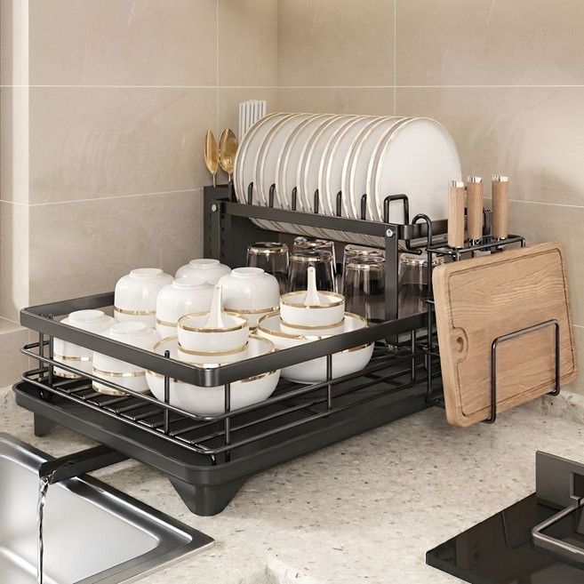 우남 리빙 물빠짐 2단 주방 접시 식기 건조대, 1개, 블랙