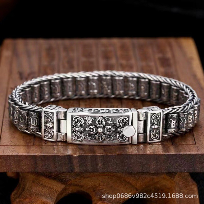 復古十字降魔杵個性六字真言轉輪銀飾男士手鏈