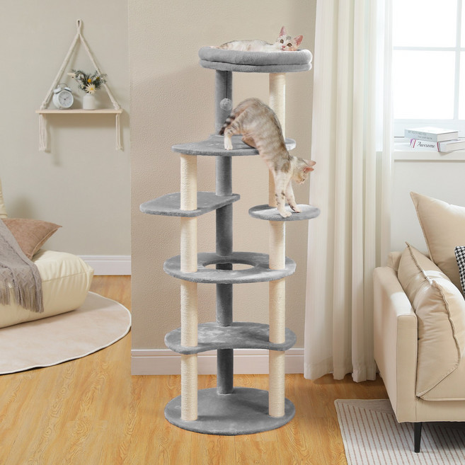PAWZ Road 6단 모던 심플 플러시 패브릭 고양이 캣타워 스크래쳐 기둥 + 전망대 + 둥근 구멍 디자인, 그레이, 1개