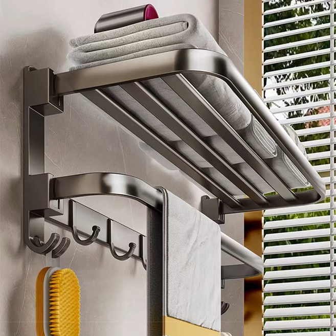 거와스 무타공 접이식 욕실 수건 걸이 거치대 2단, 그레이, 1개