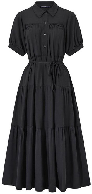 미니멈 반 버튼 카라넥 셔링 플레어 롱 원피스 EC2OW009D