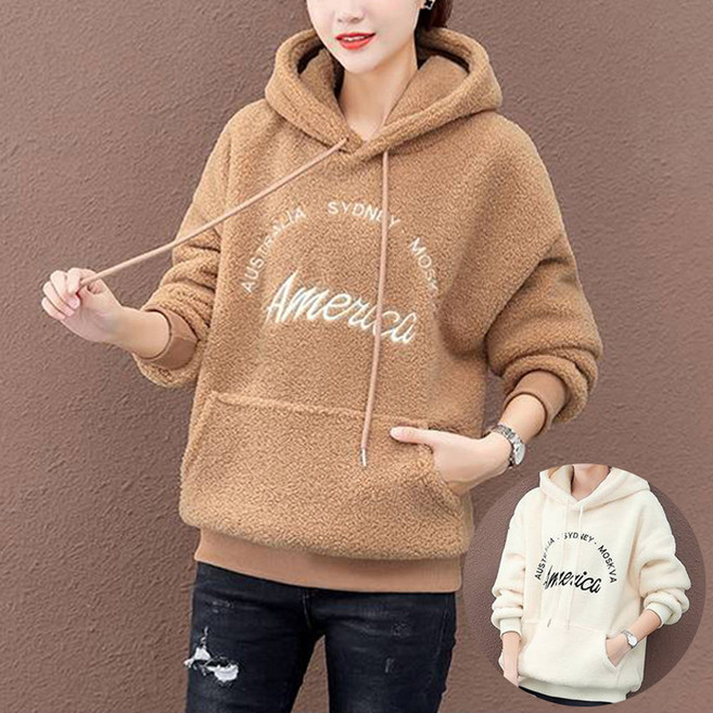 로즈엘리 양털기모 뽀글이 레터링 후드티 4컬러