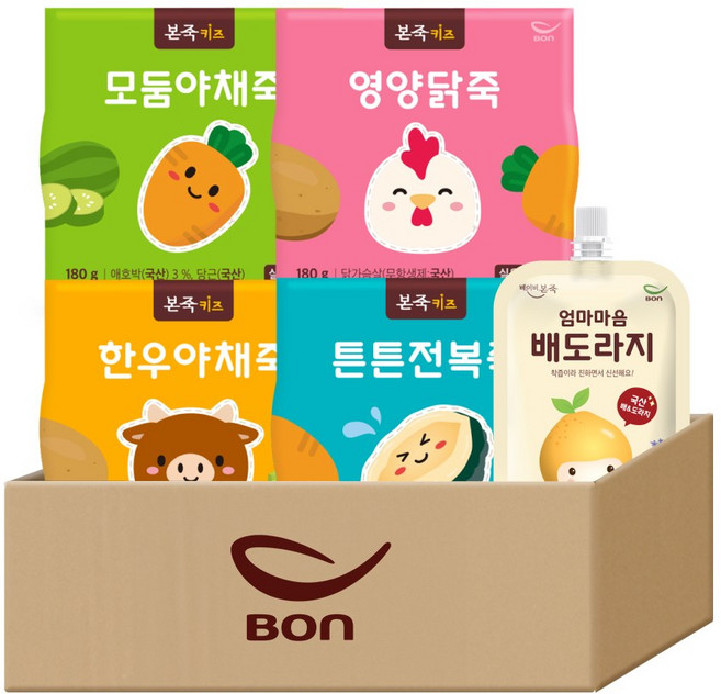 [베이비본죽] 본죽키즈 4종 36개월이후 (한우야채1+영양닭죽1+튼튼전복+모둠야채1)+배도라지1개 증정, 4개, 180g