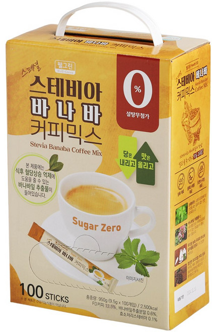 [기능성 표시 커피] 웰그린 스테비아 바나바 커피믹스 혈당 상승 억제, 9.5g, 100개입, 1박스