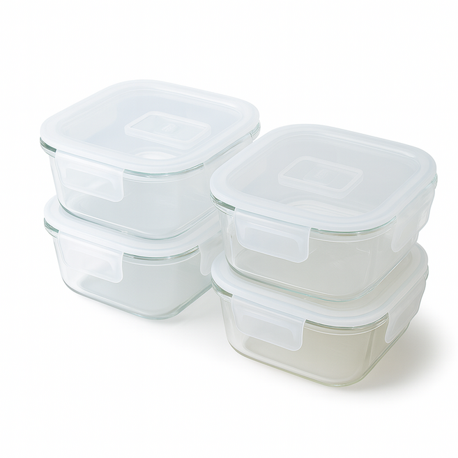 365마미 냉동밥 용기 전자레인지용 내열강화유리 사각, 320ML, 4개