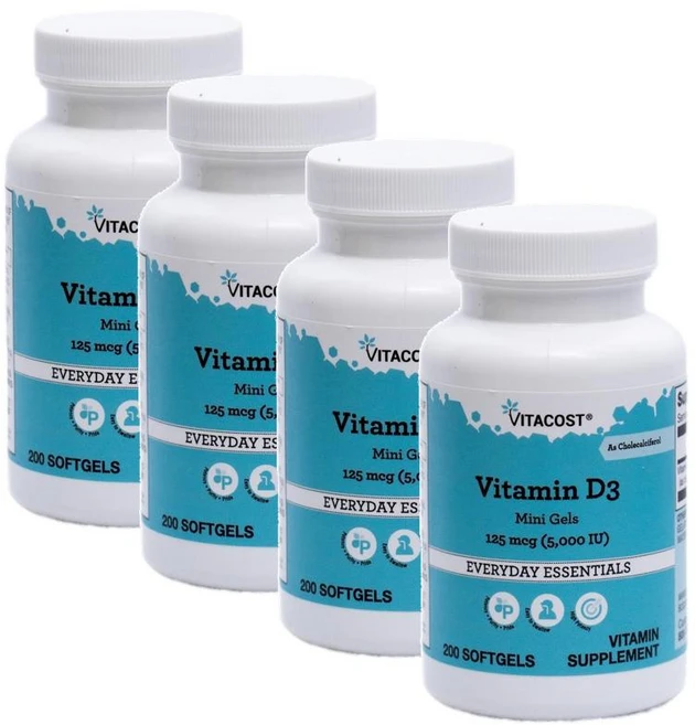 비타코스트 비타민D3 5000IU 미니캡슐 소프트젤 Vitacost Vitamin D3 Mini Gels, 4개, 200정 - 쿠팡