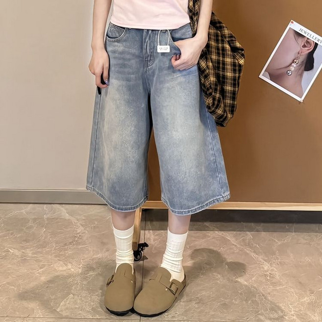 여성 데님 팬츠 하이웨이스트 와이드 7부 일자 반바지 청 반바지 와이드 여름데님 여성반바지 빅사이즈 빈티지 워싱 청반바지