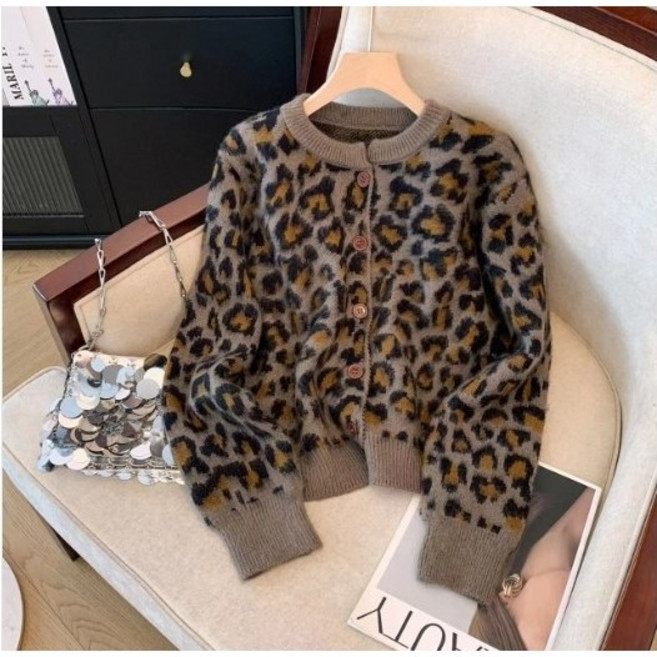 여성가디건 니트가디건 라운드넥 호피 라운드넥