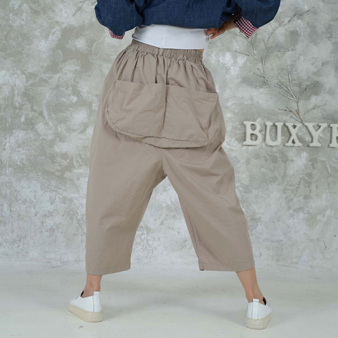 벅시루 여성 캥거루힙 포켓 밴딩 면 통 8부 배기바지