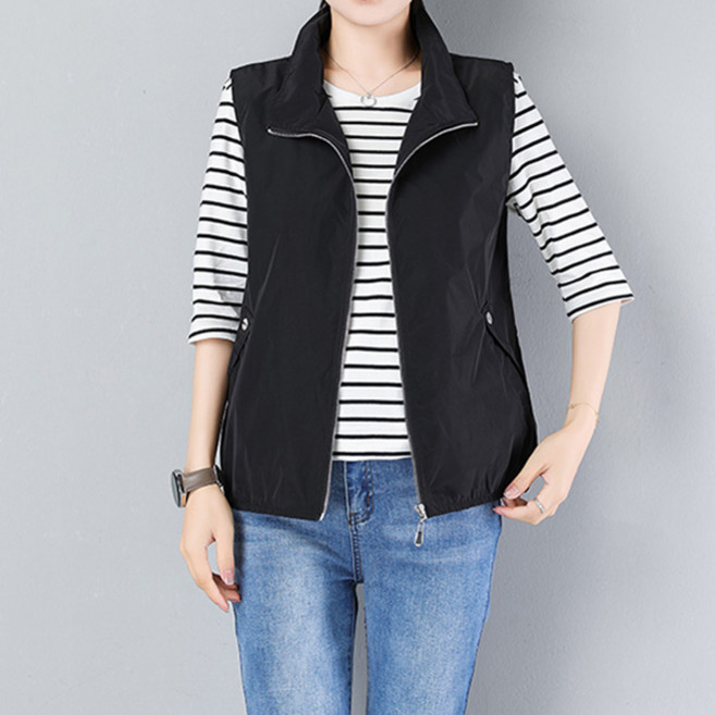 여성용 봄 중년 빅사이즈 숏 바람막이 조끼 캐주얼 민소매 자외선 차단 베스트