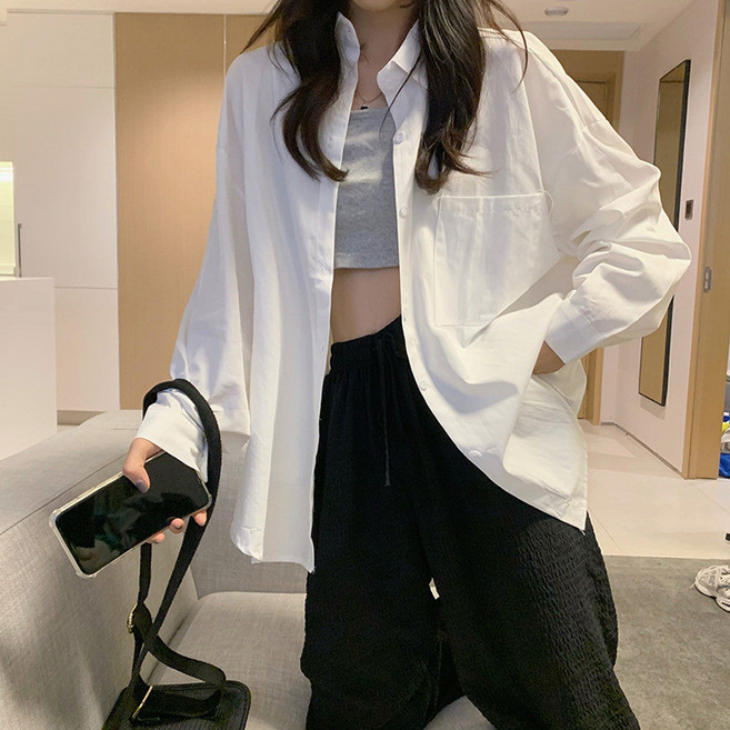 韓版糖果色長袖素面襯衫 女 寬鬆顯瘦