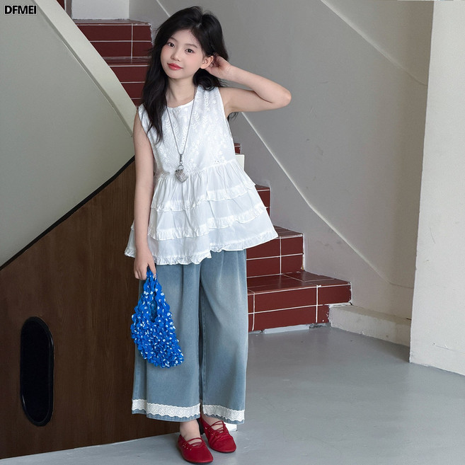 DFMEI 夏季女童無袖娃娃衫七分褲套裝童裝兒童女孩背心牛仔褲兩件套