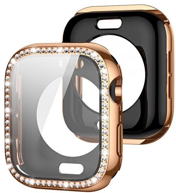 Rabbit Technology 全包電鍍 防撞保護 適用Apple Watch錶殼, 玫瑰金單排鑽全包殼,46mm（S11/S10）通用, 1個