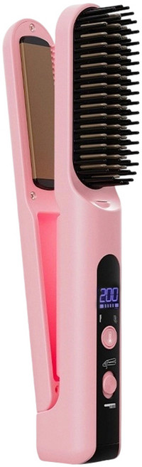 인플리바타 무선 휴대용 2in1 판 고데기 볼륨업 빗고데기 세라믹 코팅 MCH속열 4단계 온도조절 미니 매직기, RY-2502B, 핑크