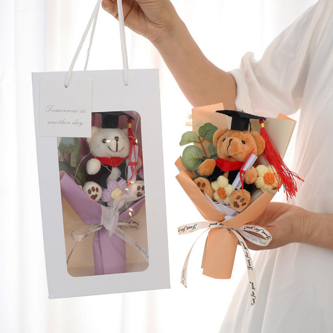 畢業熊花束 泰迪熊 附證書, 畢業針織花束+提袋—粉色小熊鑰匙圈, 1件