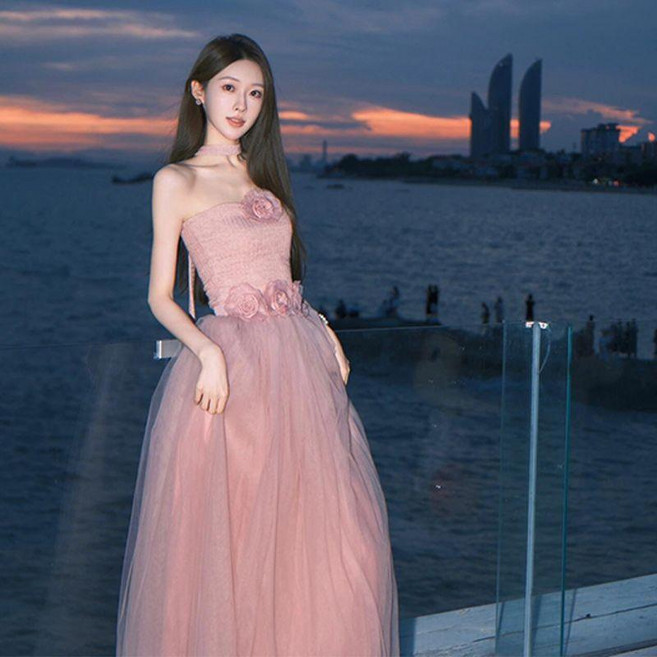 粉色甜美抹胸裙生日晚宴晚禮服輕奢小衆收腰連衣裙女夏季氣質長裙 副廠商品, 粉色 上節裹胸+網紗半身裙 ,L  建議55.5-60.0公斤