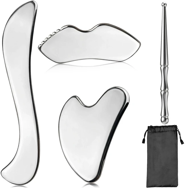 구아샤 스톤 얼굴 도구 구아샤 스톤 세트 스테인리스 스틸 구아샤 얼굴 도구 턱라인 조각용 금속 림프 배수 마사지 스크래퍼 얼굴 눈 목 몸용 보관 파우치 포함 - 쿠팡