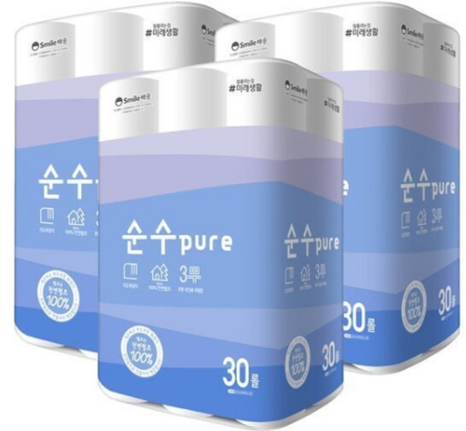 잘풀리는집 순수PURE천연펄프 25m 30롤 x 3팩 휴지, 30개입, 90개