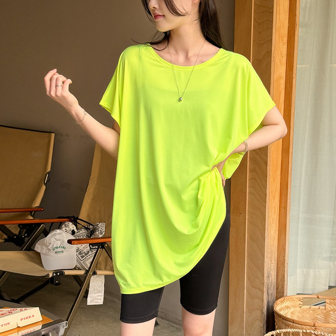 데일리앤 래쉬 여성 여름 루즈핏 래쉬가드 가오리핏 롱 티셔츠 커버업 휴양지룩 레깅스티 66 77, 네온옐로우