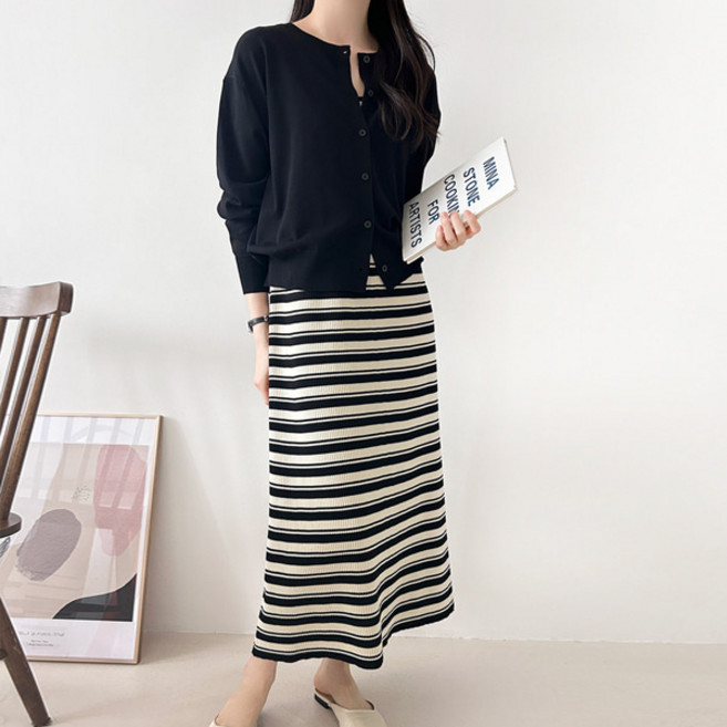 봉봉스토리 여성용 쿠니 가디건 + 단가라 원피스 세트 루즈핏 데일리룩 임부복