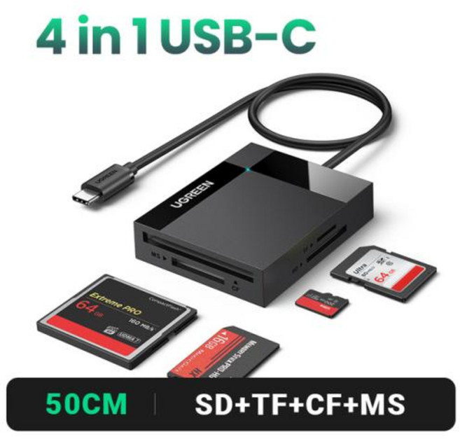 UGREEN 노트북 개용 4-in-1 USB3.0USB-C SD 마이크로 SD TF CF MS 컴팩트 플래시 카드 어댑터 멀티 OTG 스마트 카드 리더, 2) USB-C 4-in-1, USB-C 4-in-1, 1개