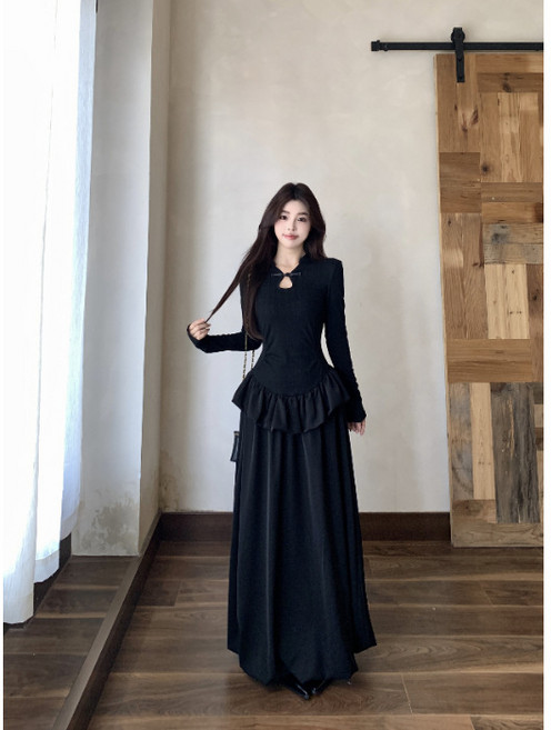【氣質收腰】新中式旗袍 連衣裙 長裙 長袖連衣裙 旗袍裙 生日禮服 黑色絲絨 早秋新款 高級感設計 改良國風 宴會聚會, 黑色*447