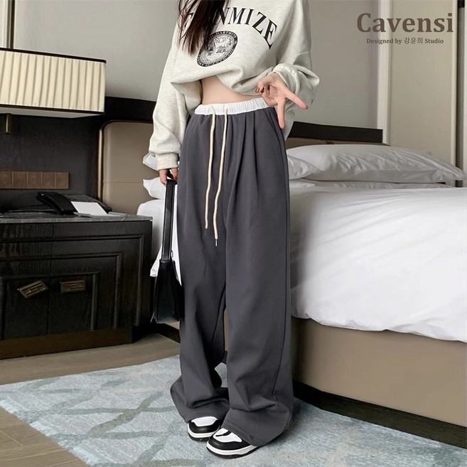 【Cavensi】韓系拼接高腰寬褲 鬆緊腰寬鬆休閒百搭闊腿褲直筒褲運動褲休閒褲長褲女