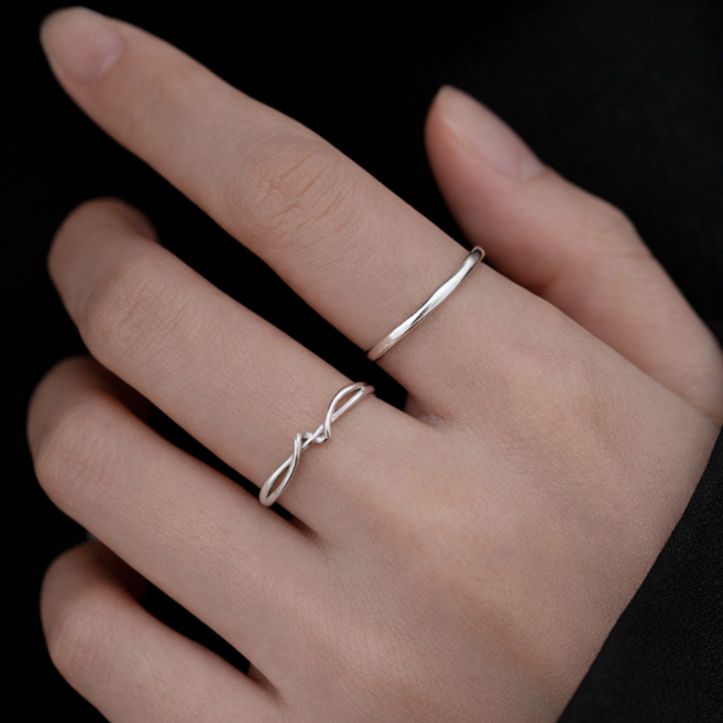 L'APOGIER 2개 세트 여성 레이어드 은반지 오픈링 사이즈 조절 가능 꼬임 웨이브