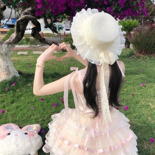蕾絲蝴蝶結草帽 洛麗塔 Lolita JK風 森系沙灘遮陽帽, 1個, 奶白色【蕾絲蝴蝶結草帽】均碼【建議頭圍56-58cm】