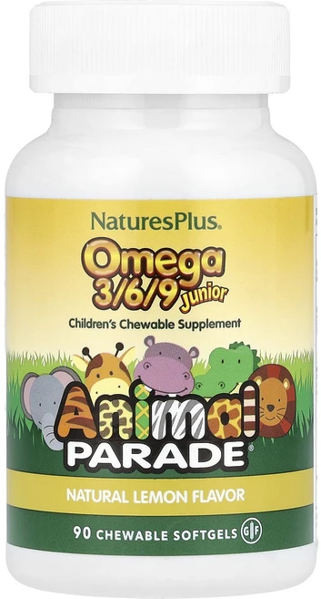 NaturesPlus Animal Parade® 오메가3/6/9 주니어 천연 레몬 맛 1040mg 츄어블 소프트젤 90정(1정당 520mg), NaturesPlusAnimalParade오메가369주, 1개, 90정 - 쿠팡