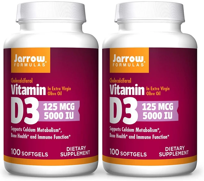 Jarrow Formulas Vitamin D3 자로우 포뮬러스 비타민 5000IU 100소프트젤 2팩, 100 Count (Pack of 2), 100정, 2개 - 쿠팡